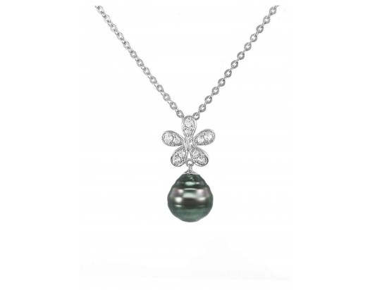 Black Tahitian Pearl Necklace- White Topaz & Sterling Silver Chain