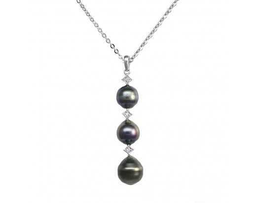 Black Tahitian Pearls and White Sapphire Necklace on Sterling Silver