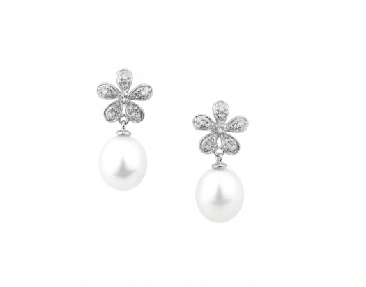 White Freshwater Pearl Earrings 9-10mm in Silver & White Topaz