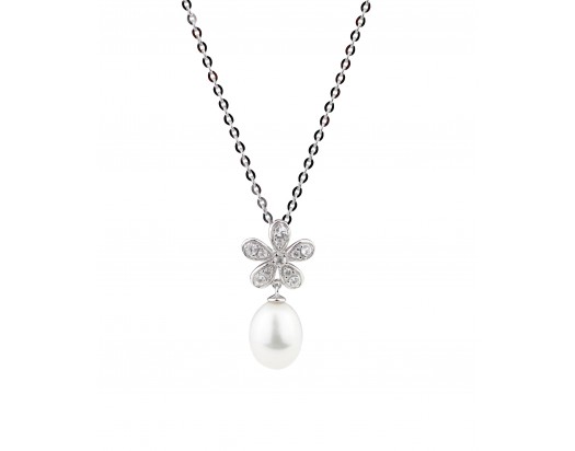 White Freshwater Pearl Necklace- White Topaz & Silver Chain