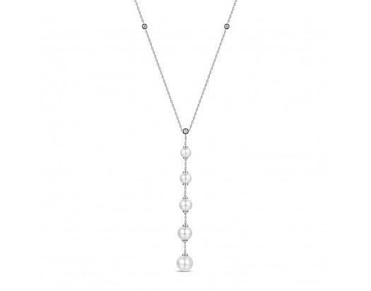 14K White gold "Y" necklace w/ Diamonds & white Freshwater Pearls