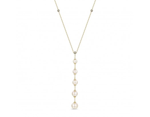 14K Yellow gold "Y" necklace w/ Diamonds & white Freshwater Pearls