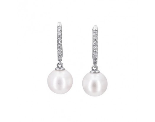 14KW Japanese Cultured Pearl Earrings with Diamonds-Lever Back