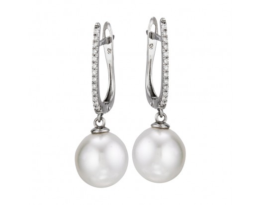 White South Sea Pearl Earrings with Diamonds set in 14K white gold 