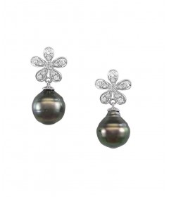 Black Tahitian Pearl Earrings set in Sterling Silver with White Sapphire-BTE5332