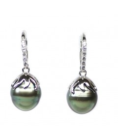 Black Tahitian Pearl Lever Back Earrings with White Sapphire