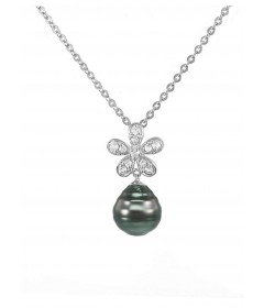 Black Tahitian Pearl Necklace with White Sapphires and Sterling Silver Chain
