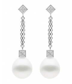 White Freshwater Pearl Dangle Earrings with Diamonds and set in 14K White Gold