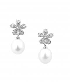 White Freshwater Pearl Earrings 9-10mm in Silver & White Topaz