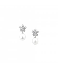 White Freshwater Pearl Earrings set in Sterling Silver with White Topaz-FE5332