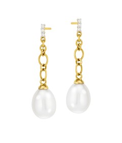 14K Yellow Gold Freshwater Pearl Drop Earrings- 7.5-8mm- Diamonds .045ct tw   