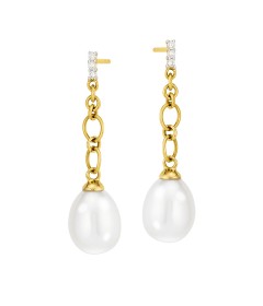 14K Yellow Gold Freshwater Pearl Drop Earrings- 7.5-8mm- Diamonds .045ct tw   