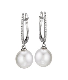 White South Sea Pearl Earrings with Diamonds set in 14K white gold 